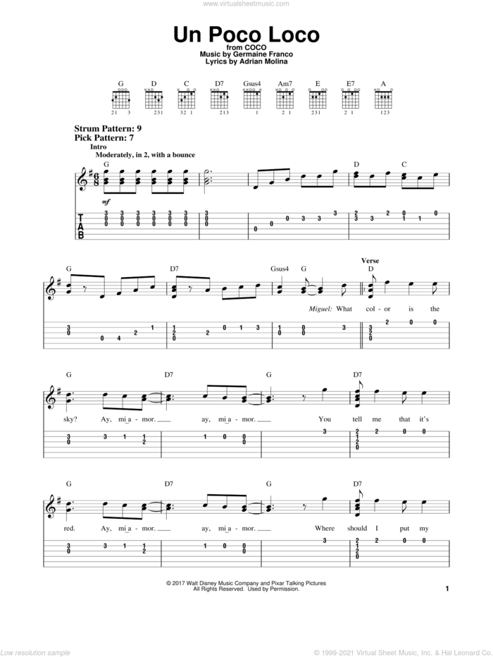 Un Poco Loco (from Coco) sheet music for guitar solo (easy tablature) by Adrian Molina, Coco (Movie), Germaine Franco and Germaine Franco & Adrian Molina, easy guitar (easy tablature)