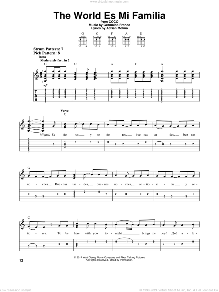 The World Es Mi Familia (from Coco) sheet music for guitar solo (easy tablature) by Germaine Franco, Coco (Movie), Adrian Molina and Germaine Franco & Adrian Molina, easy guitar (easy tablature)