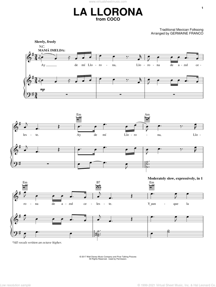 La Llorona (from Coco) sheet music for voice, piano or guitar by Germaine Franco, Coco (Movie) and Traditional Mexican Folksong, intermediate skill level
