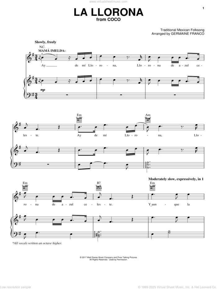 La Llorona (from Coco) sheet music for voice, piano or guitar by Germaine Franco, Coco (Movie) and Traditional Mexican Folksong, intermediate skill level