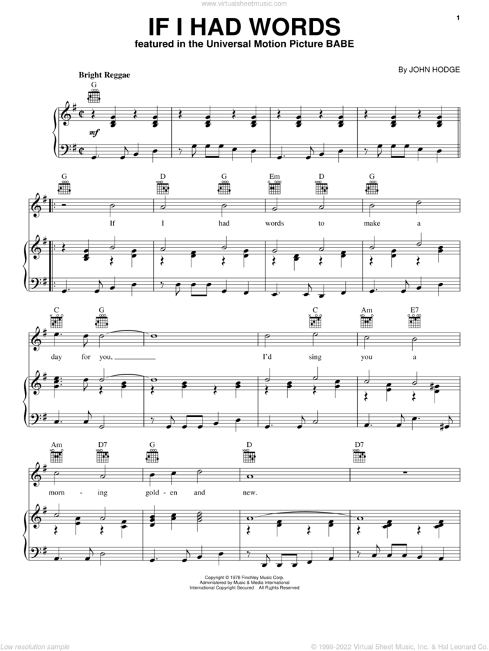 If I Had Words sheet music for voice, piano or guitar by John Hodge, intermediate skill level