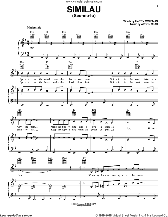 Similau (See-me-lo) sheet music for voice, piano or guitar by Harry Coleman and Arden Clar, intermediate skill level