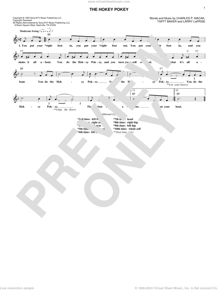 The Hokey Pokey sheet music for voice and other instruments (fake book) by Larry LaPrise, Charles P. Macak and Tafft Baker, intermediate skill level