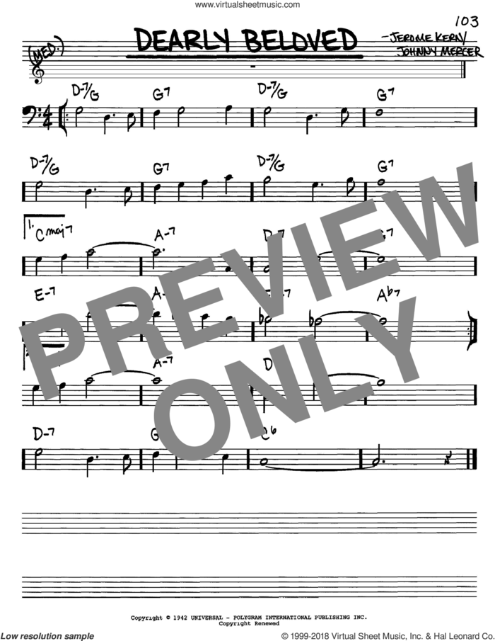 Dearly Beloved sheet music for voice and other instruments (bass clef) by Jerome Kern and Johnny Mercer, intermediate skill level