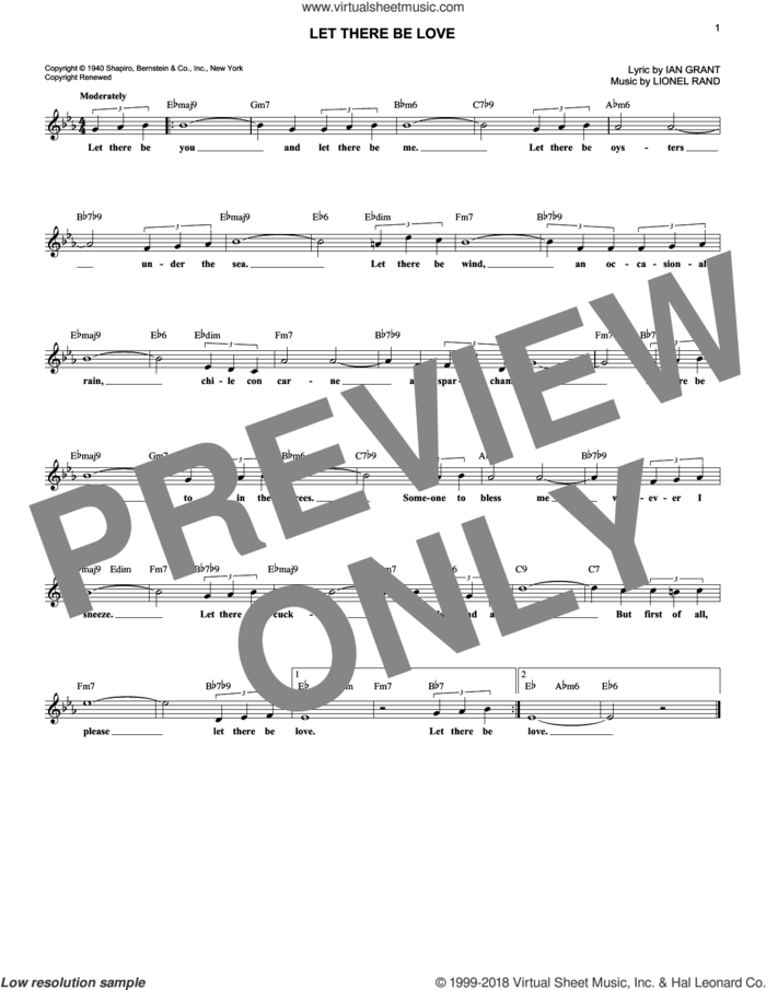 Let There Be Love sheet music for voice and other instruments (fake book) by Ian Grant and Lionel Rand, intermediate skill level