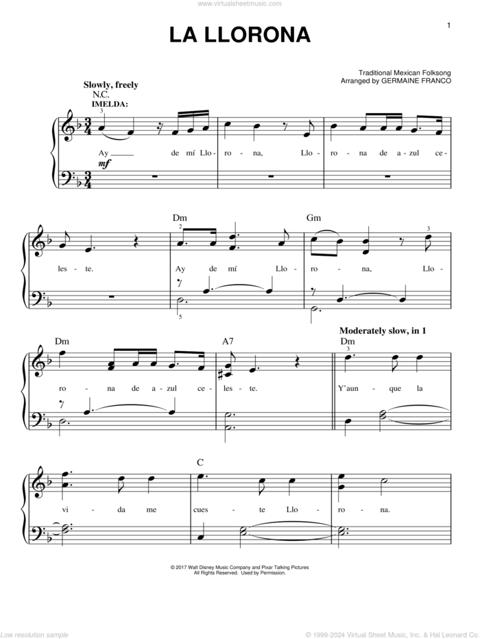 La Llorona (from Coco) sheet music for piano solo by Germaine Franco, Coco (Movie) and Traditional Mexican Folksong, easy skill level