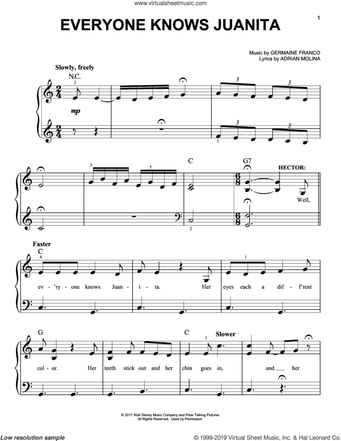 Everyone Knows Juanita (from Coco) sheet music for piano solo by Adrian Molina, Coco (Movie), Germaine Franco and Germaine Franco & Adrian Molina, easy skill level
