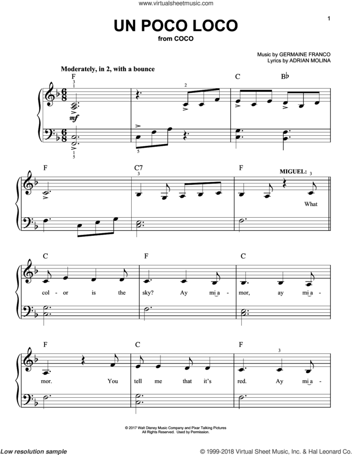 Un Poco Loco (from Coco) sheet music for piano solo by Adrian Molina, Coco (Movie), Germaine Franco and Germaine Franco & Adrian Molina, easy skill level