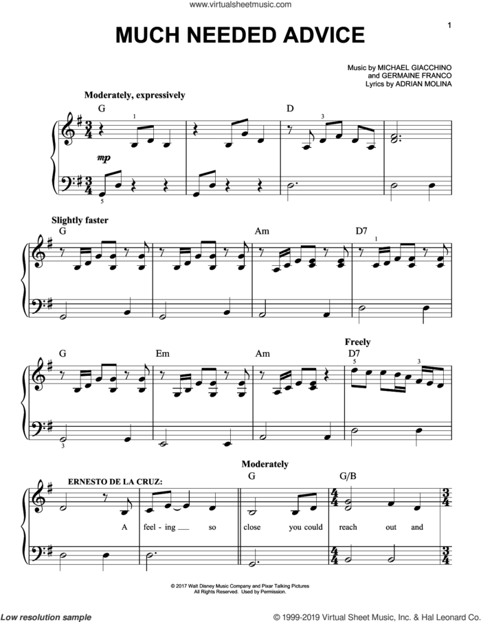 Much Needed Advice (from Coco) sheet music for piano solo by Michael Giacchino, Coco (Movie), Adrian Molina and Germaine Franco, easy skill level