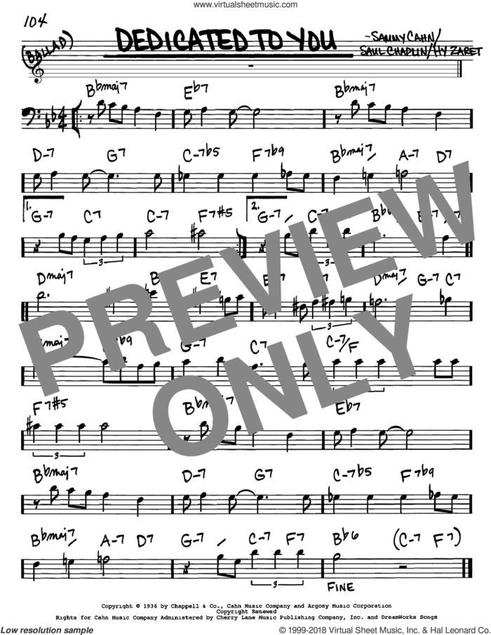 Dedicated To You sheet music for voice and other instruments (bass clef) by Sammy Cahn, Hy Zaret and Saul Chaplin, intermediate skill level