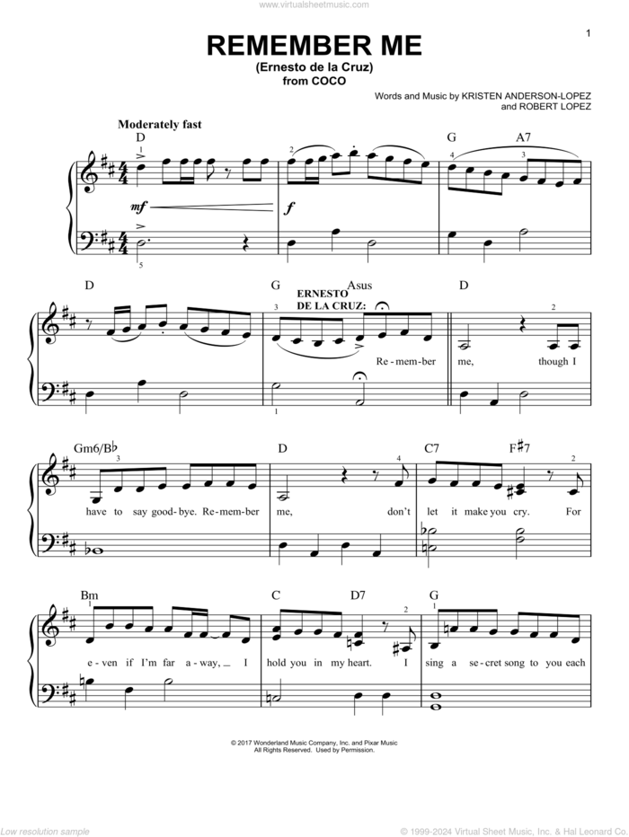 Remember Me (Ernesto de la Cruz) (from Coco) sheet music for piano solo by Kristen Anderson-Lopez, Coco (Movie), Kristen Anderson-Lopez & Robert Lopez and Robert Lopez, easy skill level