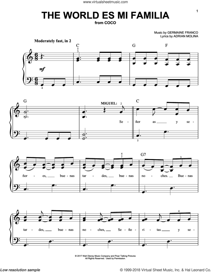 The World Es Mi Familia (from Coco), (easy) sheet music for piano solo by Germaine Franco, Coco (Movie), Adrian Molina and Germaine Franco & Adrian Molina, easy skill level