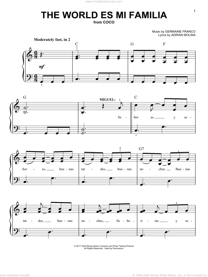 The World Es Mi Familia (from Coco), (easy) sheet music for piano solo by Germaine Franco, Coco (Movie), Adrian Molina and Germaine Franco & Adrian Molina, easy skill level