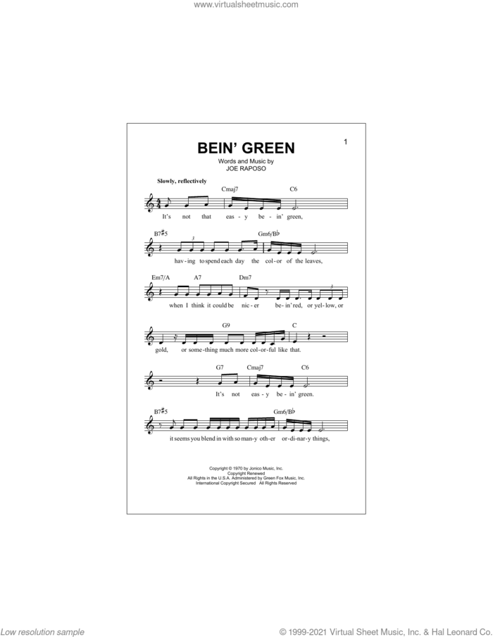 Bein' Green sheet music for voice and other instruments (fake book) by Joe Raposo and Kermit The Frog, intermediate skill level