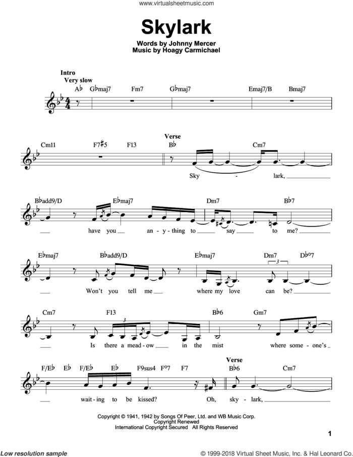 Skylark sheet music for voice solo by Hoagy Carmichael and Johnny Mercer, intermediate skill level