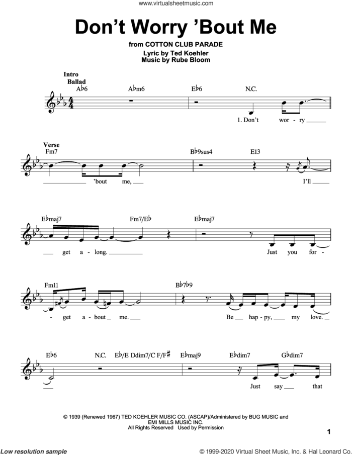 Don't Worry 'Bout Me sheet music for voice solo by Frank Sinatra, Zoot Sims, Rube Bloom and Ted Koehler, intermediate skill level