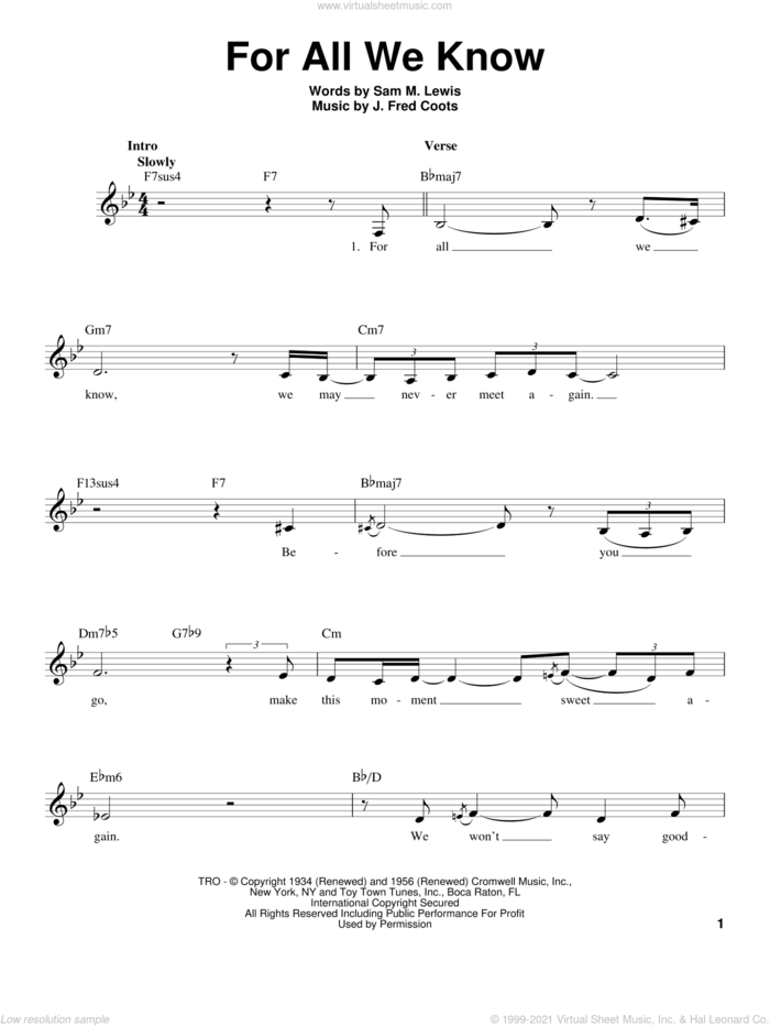 For All We Know sheet music for voice solo by J. Fred Coots and Sam Lewis, intermediate skill level