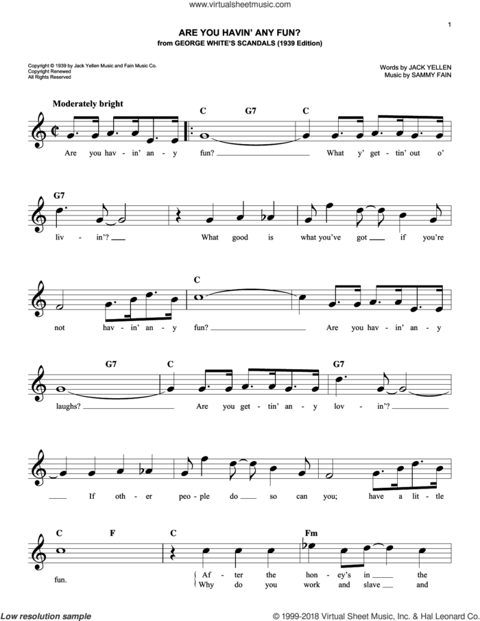 Are You Havin' Any Fun? sheet music for voice and other instruments (fake book) by Sammy Fain and Jack Yellen, easy skill level