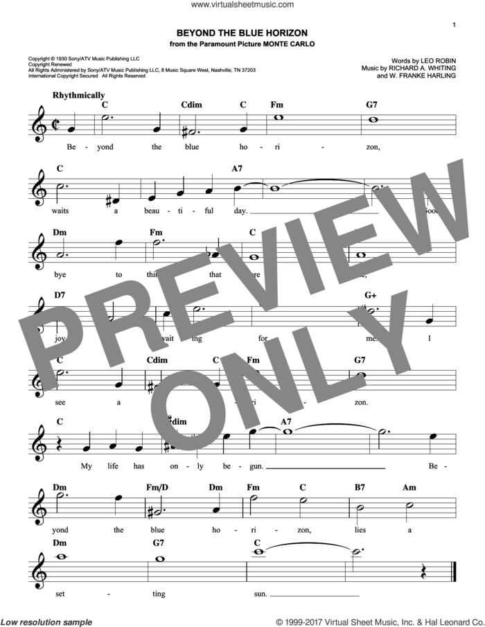 Beyond The Blue Horizon sheet music for voice and other instruments (fake book) by Lou Christie, Leo Robin, Richard A. Whiting and W. Franke Harling, easy skill level