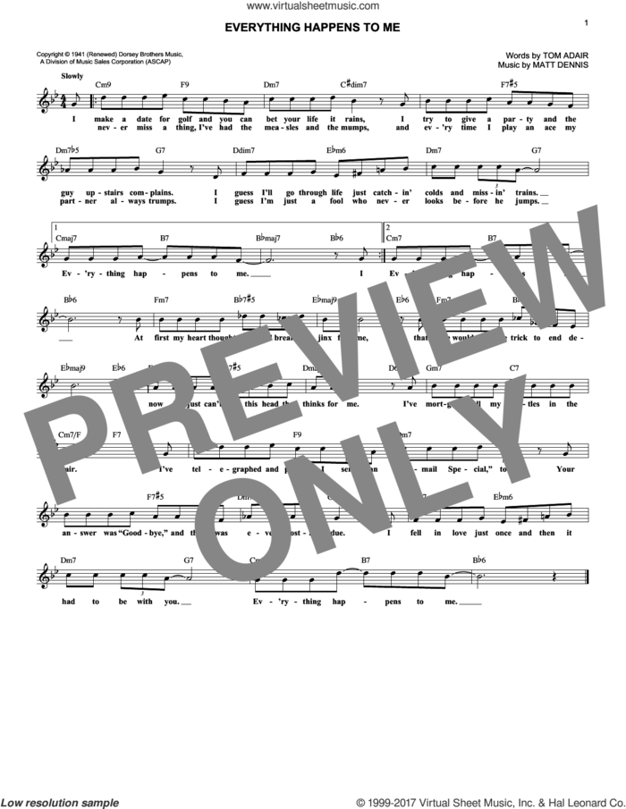 Everything Happens To Me sheet music for voice and other instruments (fake book) by Matt Dennis and Tom Adair, intermediate skill level