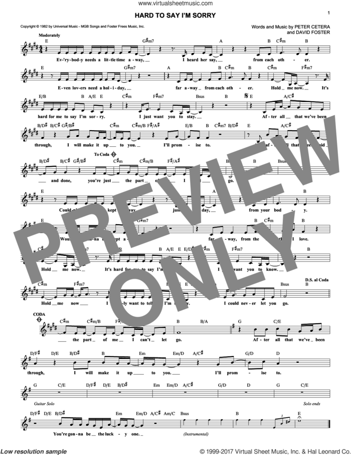 Hard To Say I'm Sorry sheet music for voice and other instruments (fake book) by Chicago, David Foster and Peter Cetera, intermediate skill level