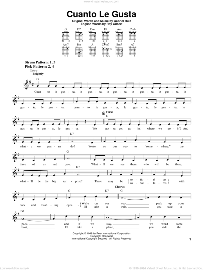 Cuanto Le Gusta sheet music for guitar solo (chords) by The Andrews Sisters, Carmen Miranda, Gabriel Ruiz and Ray Gilbert, easy guitar (chords)