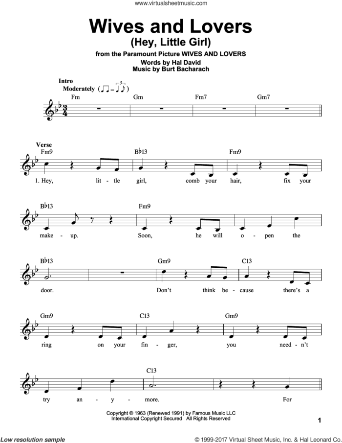 Wives And Lovers (Hey, Little Girl) sheet music for voice solo by Burt Bacharach and Hal David, intermediate skill level