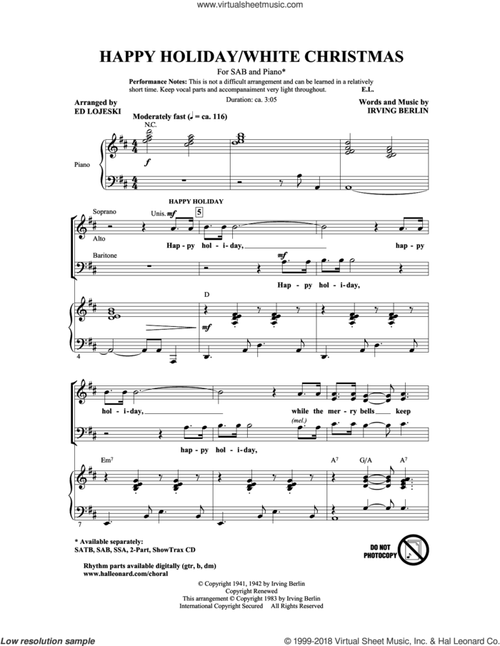 Happy Holiday (arr. Ed Lojeski) sheet music for choir (SAB: soprano, alto, bass) by Irving Berlin and Ed Lojeski, intermediate skill level