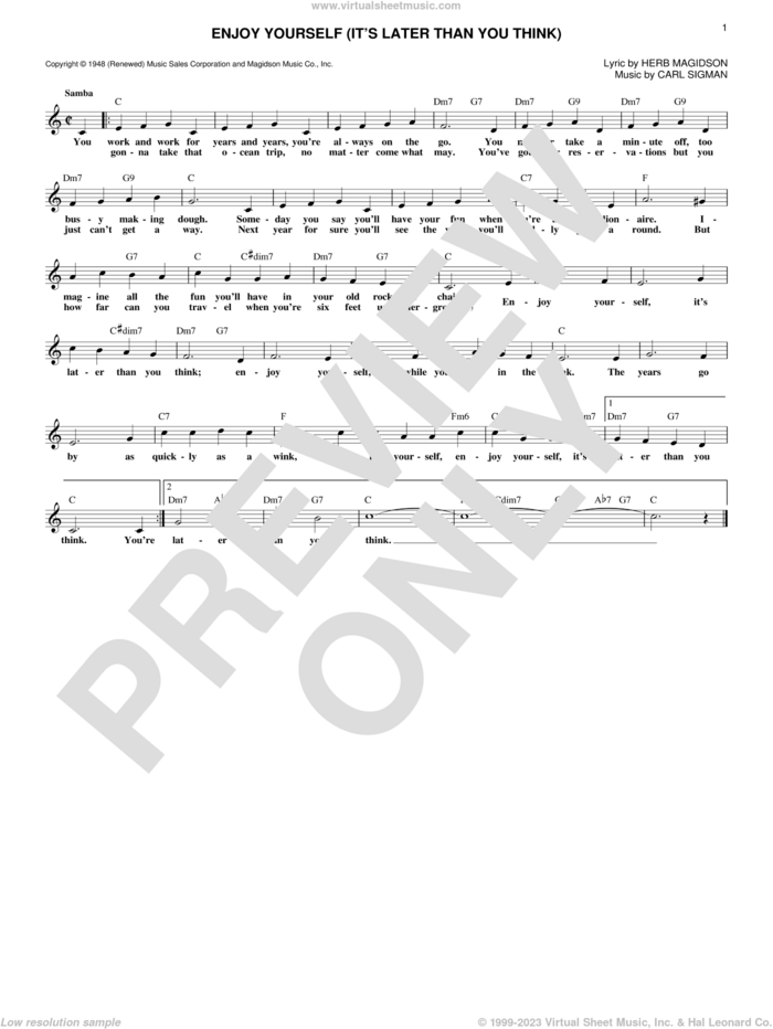 Enjoy Yourself (It's Later Than You Think) sheet music for voice and other instruments (fake book) by Carl Sigman and Herb Magidson, intermediate skill level