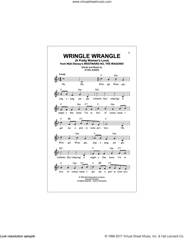 Wringle Wrangle sheet music for voice and other instruments (fake book) by Fess Parker and Stan Jones, intermediate skill level