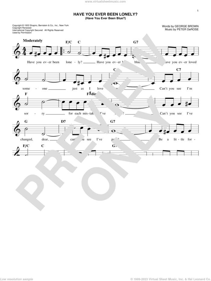 Have You Ever Been Lonely? (Have You Ever Been Blue?) sheet music for voice and other instruments (fake book) by Patsy Cline & Jim Reeves, George Brown and Peter DeRose, easy skill level
