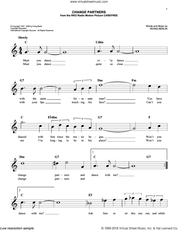 Change Partners sheet music for voice and other instruments (fake book) by Irving Berlin, Ella Fitzgerald, Jimmy Dorsey and Lawrence Welk, easy skill level