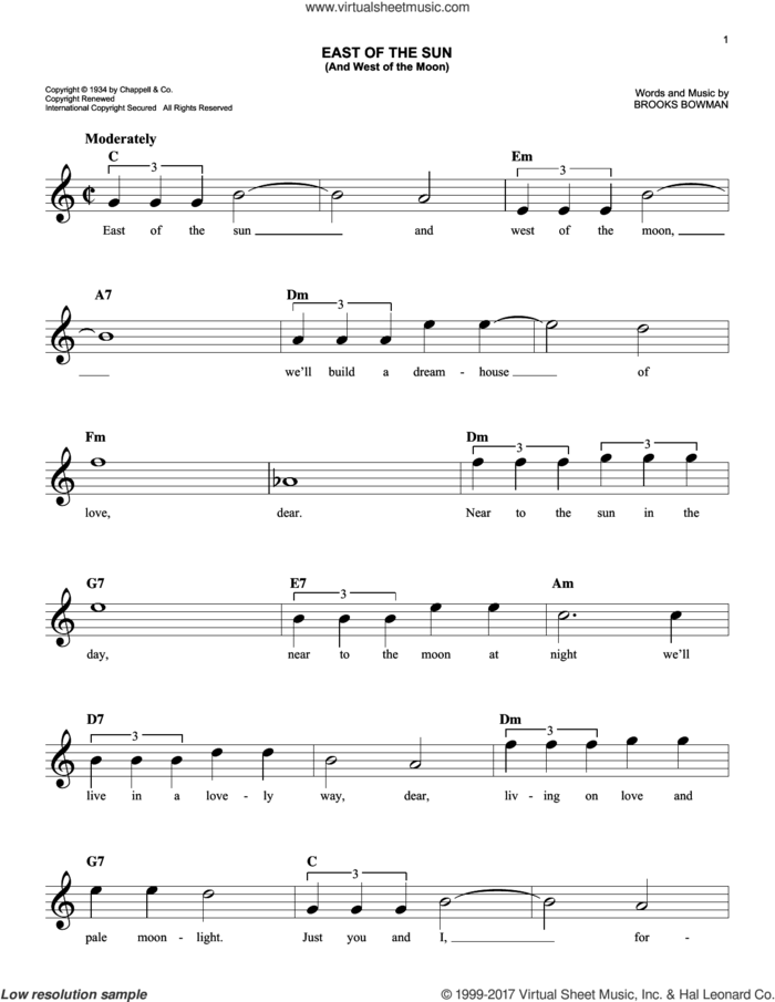 East Of The Sun (And West Of The Moon) sheet music for voice and other instruments (fake book) by Brooks Bowman, easy skill level