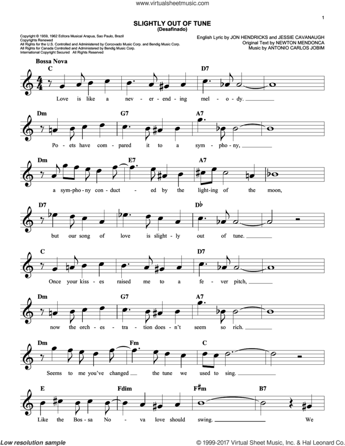 Slightly Out Of Tune (Desafinado) sheet music for voice and other instruments (fake book) by Antonio Carlos Jobim, Jessie Cavanaugh, Jon Hendricks and Newton Mendonca, easy skill level