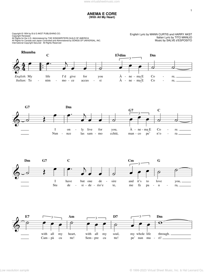 Anema E Core (With All My Heart) sheet music for voice and other instruments (fake book) by Harry Akst, Eddie Fisher, Mann Curtis and Tito Manlio, easy skill level