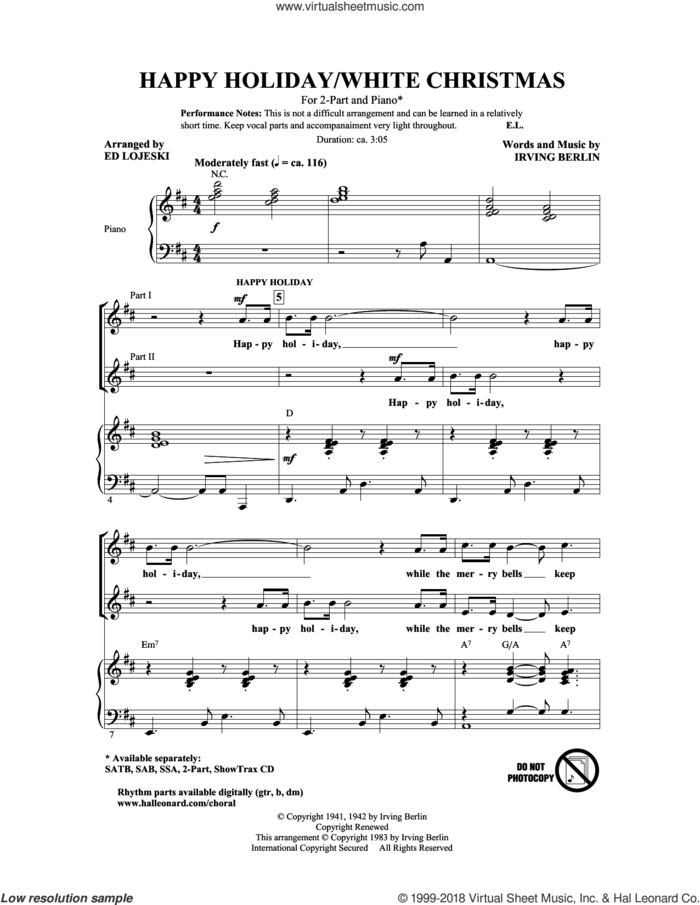 Happy Holiday (arr. Ed Lojeski) sheet music for choir (2-Part) by Irving Berlin and Ed Lojeski, intermediate duet