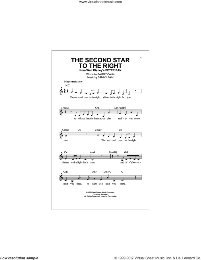 The Second Star To The Right (from Peter Pan) sheet music for voice and other instruments (fake book) by Sammy Cahn & Sammy Fain, Sammy Cahn and Sammy Fain, intermediate skill level