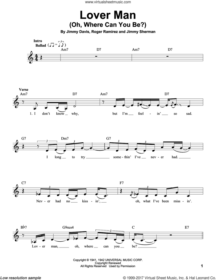 Lover Man (Oh, Where Can You Be?) sheet music for voice solo by Billie Holiday, Jimmie Davis, Jimmy Sherman and Roger Ramirez, intermediate skill level