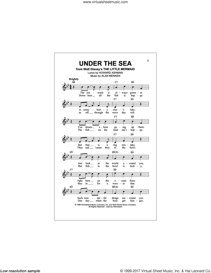 Under The Sea (from The Little Mermaid) sheet music for voice and other instruments (fake book) by Alan Menken and Howard Ashman, intermediate skill level
