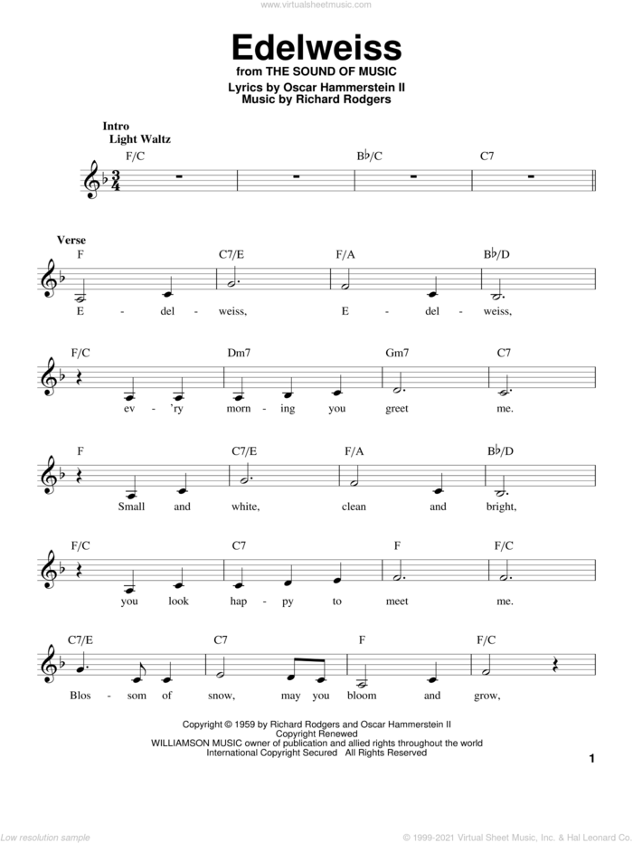 Edelweiss sheet music for voice solo by Rodgers & Hammerstein, Oscar II Hammerstein and Richard Rodgers, intermediate skill level