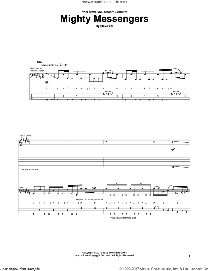 Mighty Messengers sheet music for guitar (tablature) by Steve Vai, intermediate skill level