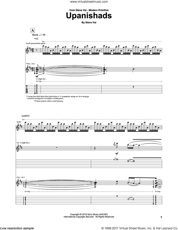 Upanishads sheet music for guitar (tablature) by Steve Vai, intermediate skill level