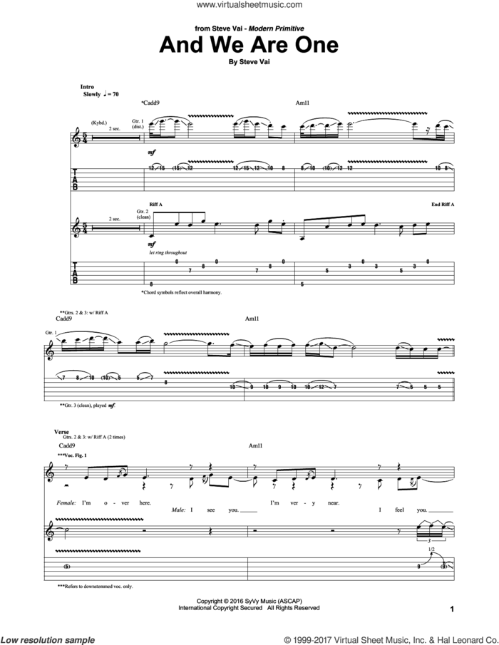And We Are One sheet music for guitar (tablature) by Steve Vai, intermediate skill level