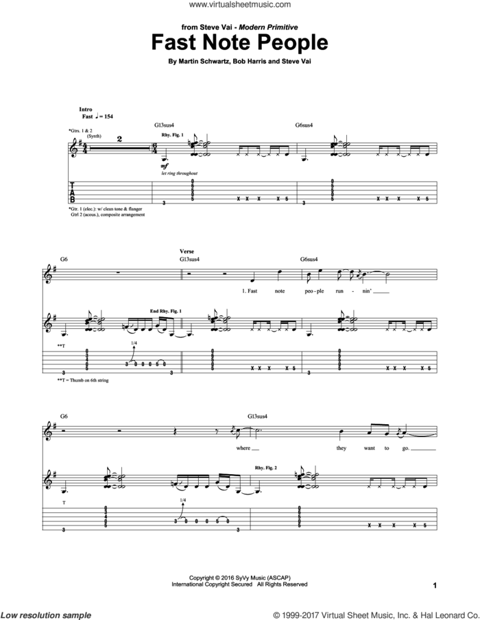 Fast Note People sheet music for guitar (tablature) by Steve Vai, Bob Harris and Martin Schwartz, intermediate skill level