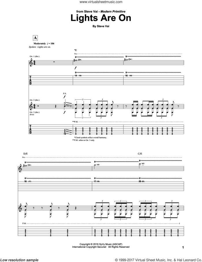 Lights Are On sheet music for guitar (tablature) by Steve Vai, intermediate skill level