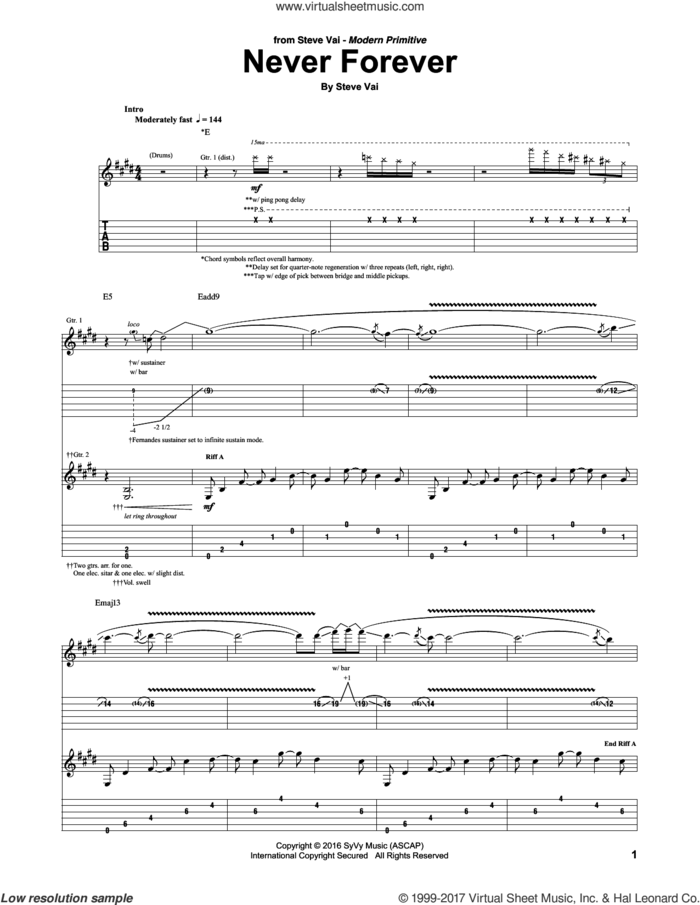 Never Forever sheet music for guitar (tablature) by Steve Vai, intermediate skill level