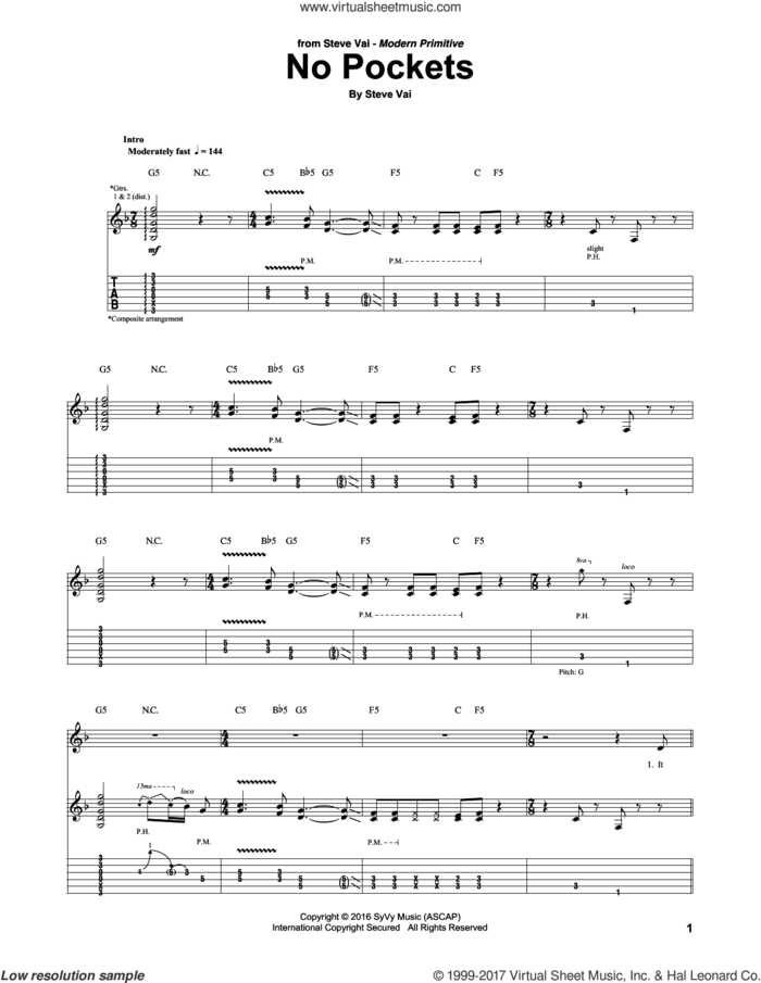 No Pockets sheet music for guitar (tablature) by Steve Vai, intermediate skill level
