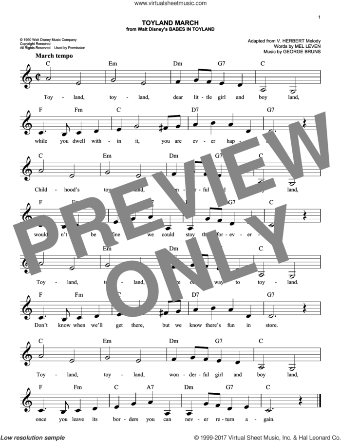 Toyland March (from Babes In Toyland) sheet music for voice and other instruments (fake book) by Mel Leven, George Bruns and George Bruns & Mel Leven, easy skill level