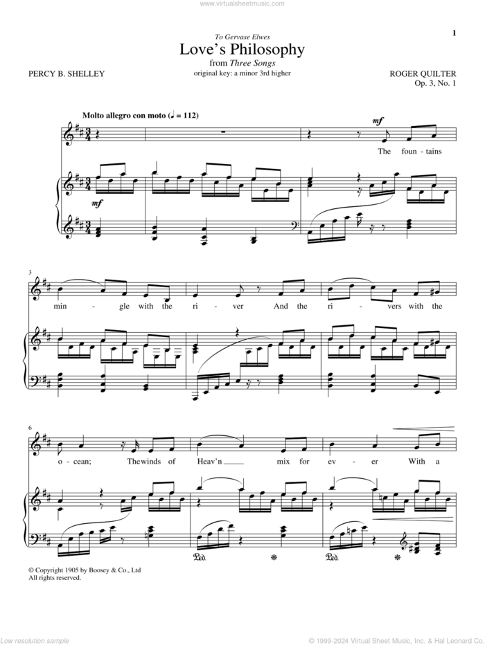 Love's Philosophy, Op. 3, No. 1 sheet music for voice and piano (Low Voice) by Roger Quilter, intermediate skill level