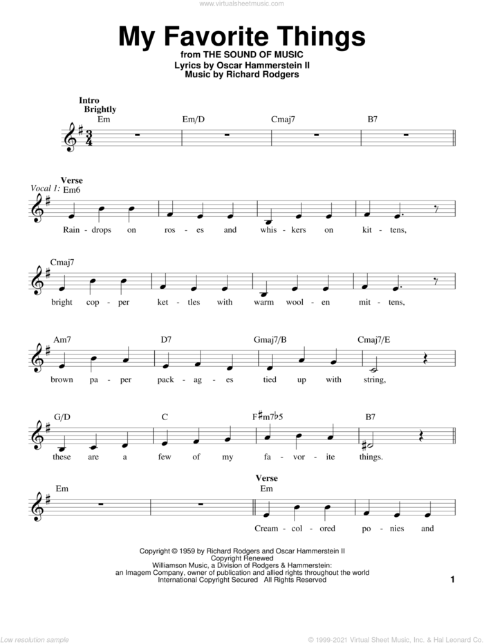 My Favorite Things sheet music for voice solo by Rodgers & Hammerstein, Chicago, Lorrie Morgan, Oscar II Hammerstein and Richard Rodgers, intermediate skill level